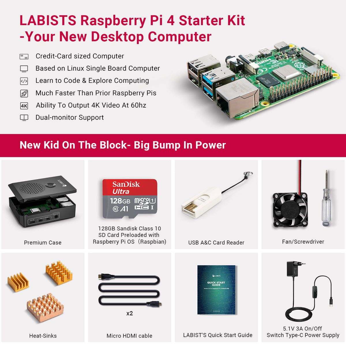 Newest Raspberry Pi 4 Model B 8GB RAM Starter Kit with 128GB Micro SD Card