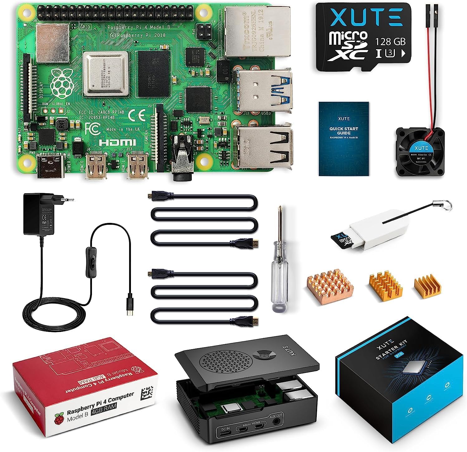 Xute Nouveau Raspberry Pi 4 Modèle B 8 Go RAM Starter Kit avec 128 Go Carte  MicroSD, Alimentation USB-C 5,0V 3A avec Interrupteur, Boîtier PC/ABS, 2